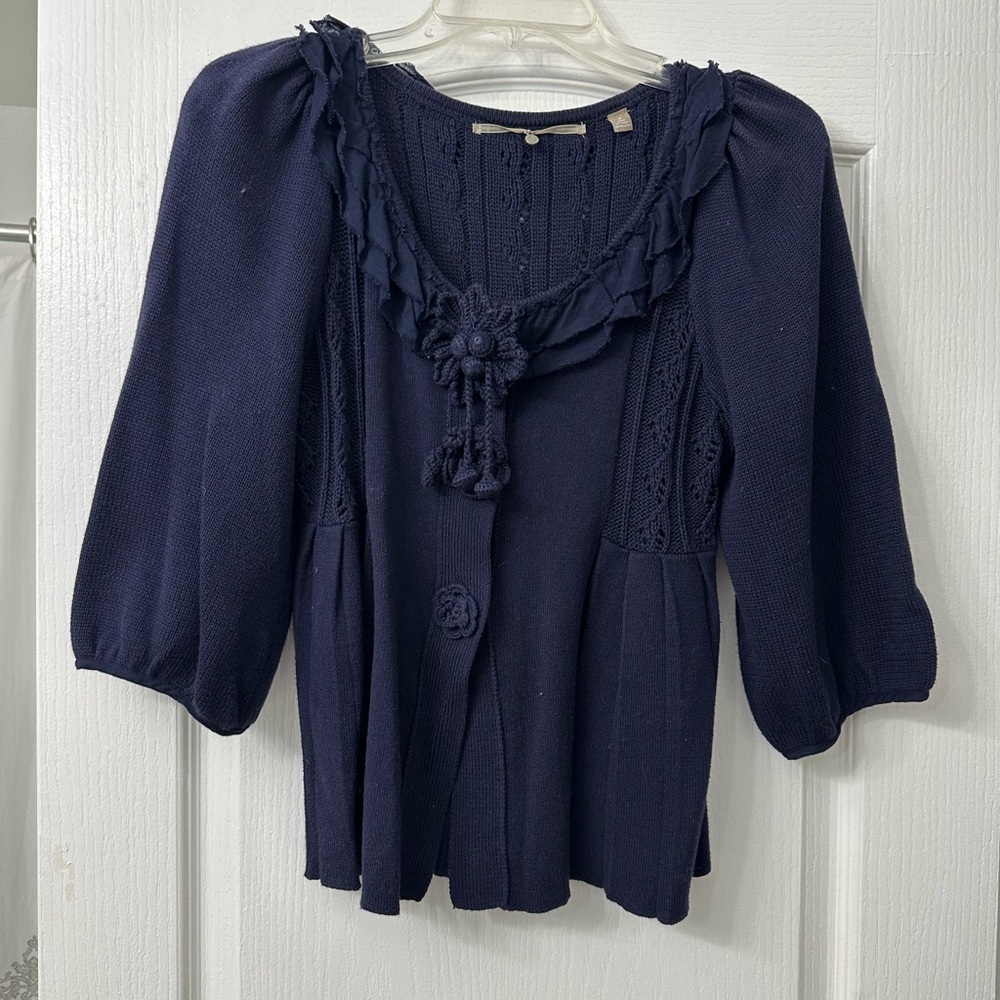 Anthropologie Navy Cardigan with Ruffle Detail